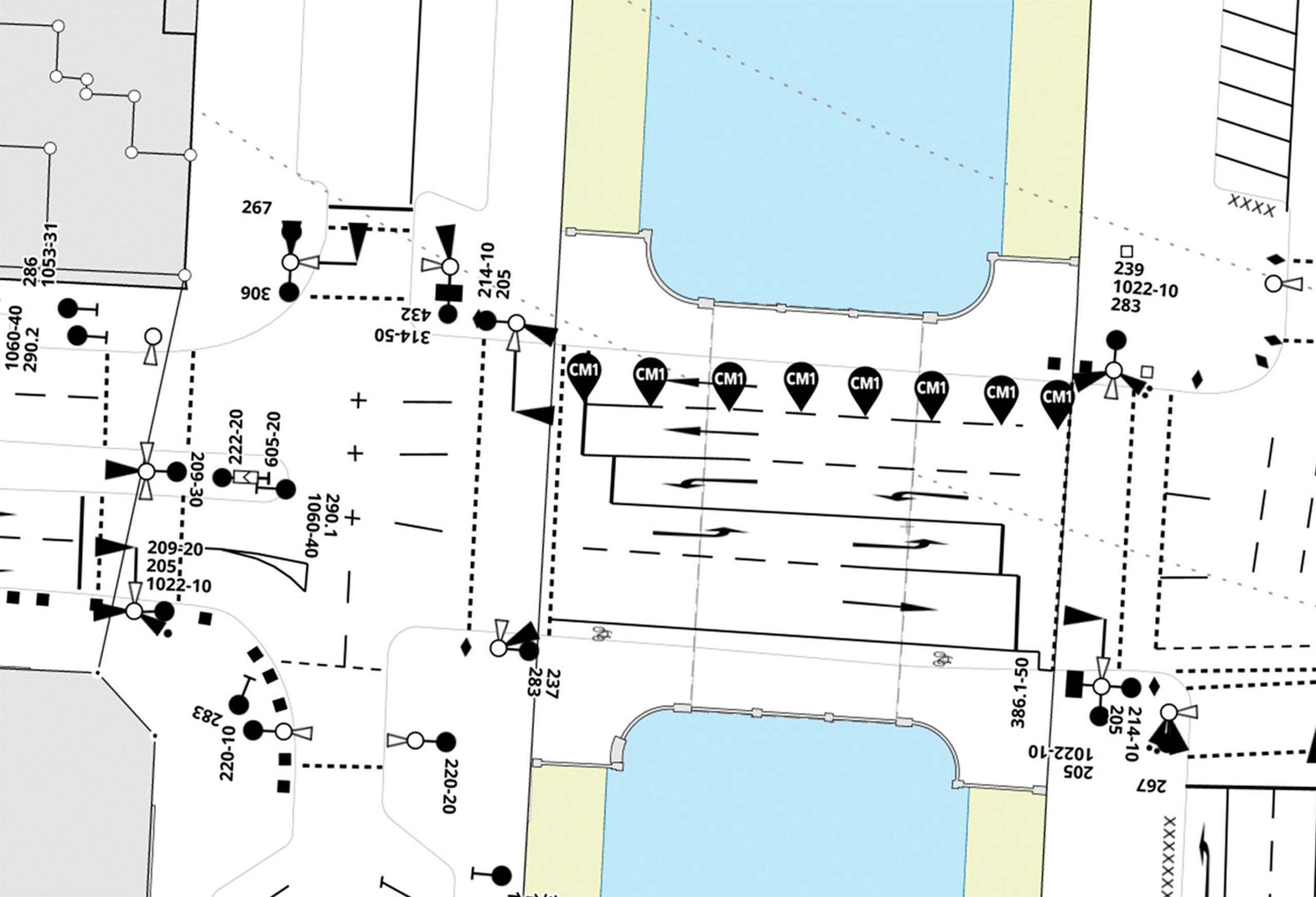 Straßenplan mit eingezeichneten Sensorstandorten von CM1.